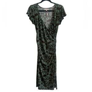 MSSP Green and Brown Flutter Sleeve Ruched Wrap Midi Dress Size Medium NEW